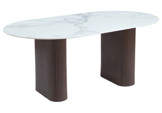 Table à manger ovale effet marbre blanc pieds noyer - Serena