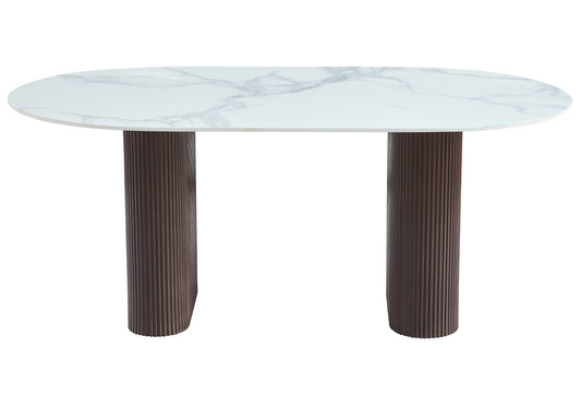 Table à manger ovale effet marbre blanc pieds noyer - Serena