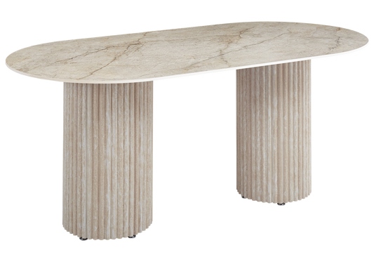 Table à manger ovale marbre brun et pieds travertin – Tivoli