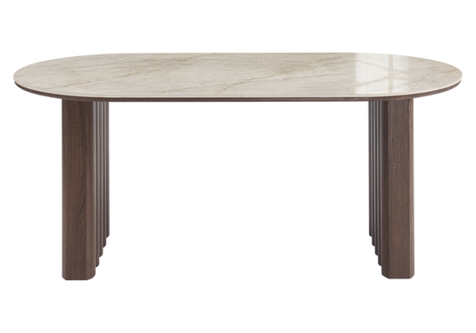 Table à manger ovale marbre et noyer cannelé - Sola