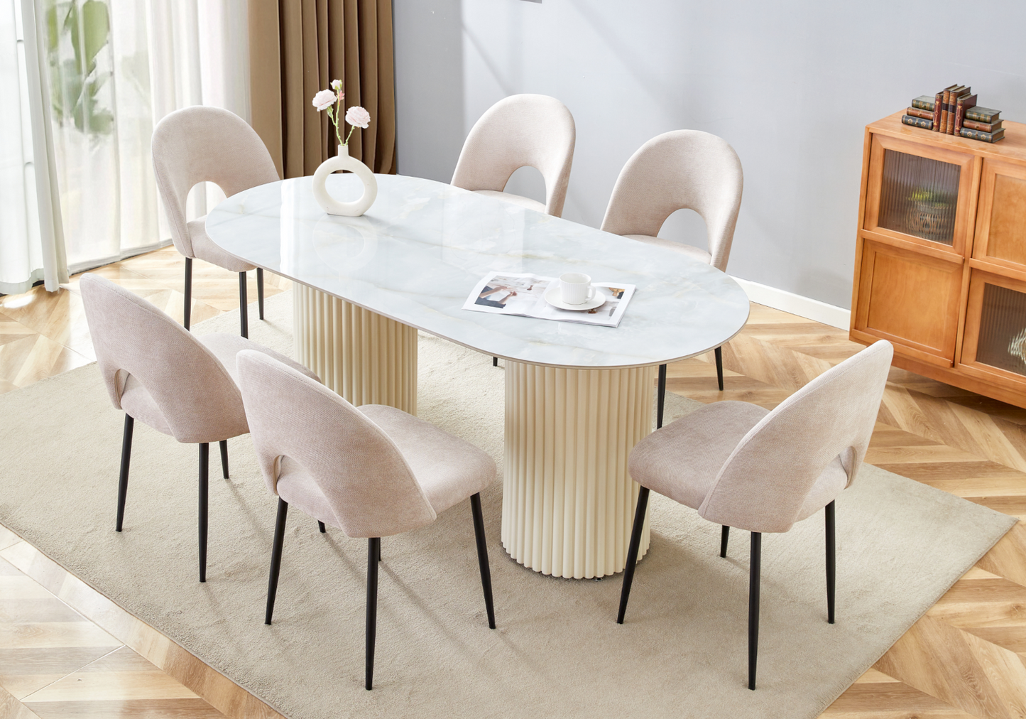 Table à manger ovale marbre onyx et pieds beige - Tivoli