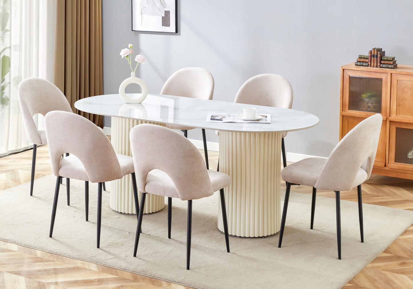 Table à manger ovale marbre onyx et pieds beige - Tivoli