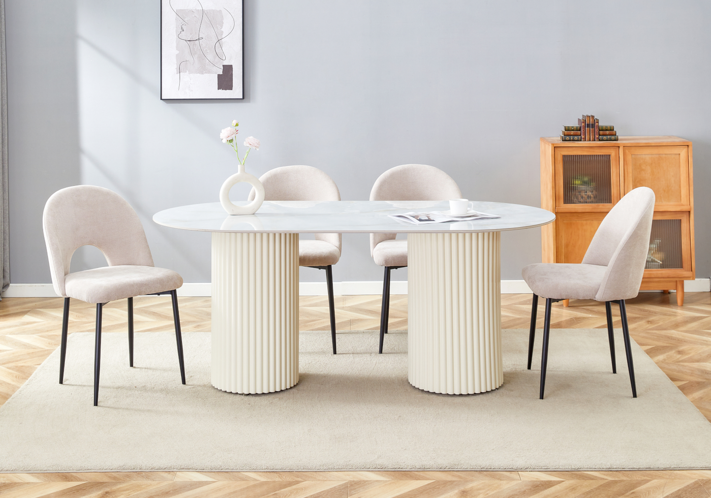 Table à manger ovale marbre onyx et pieds beige - Tivoli