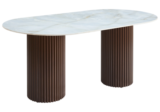 Table à manger ovale marbre onyx et pieds noyer - Tivoli