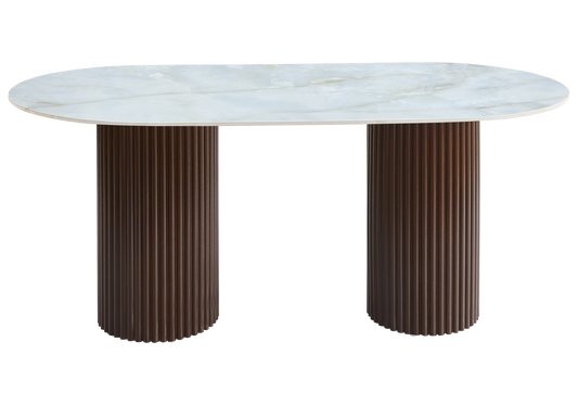 Table à manger ovale marbre onyx et pieds noyer - Tivoli