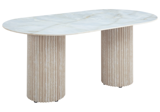 Table à manger ovale marbre onyx et pieds travertin - Tivoli