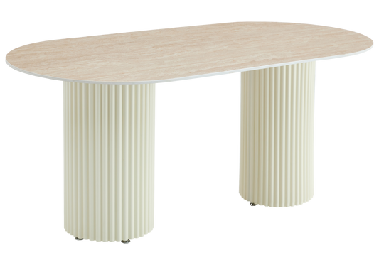 Table à manger ovale travertin brillant et pieds beige - Tivoli