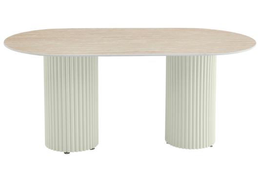 Table à manger ovale travertin brillant et pieds beige - Tivoli