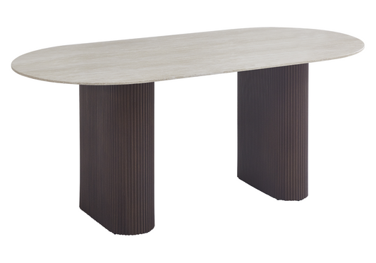 Table à manger ovale effet travertin pieds noyer - Serena