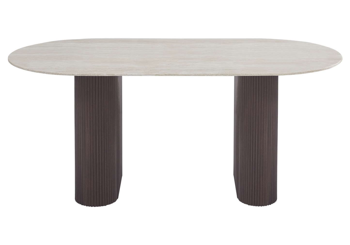 Table à manger ovale effet travertin pieds noyer - Serena