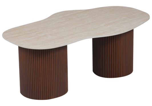 Table basse effet travertin organique et pieds noyer - Venza