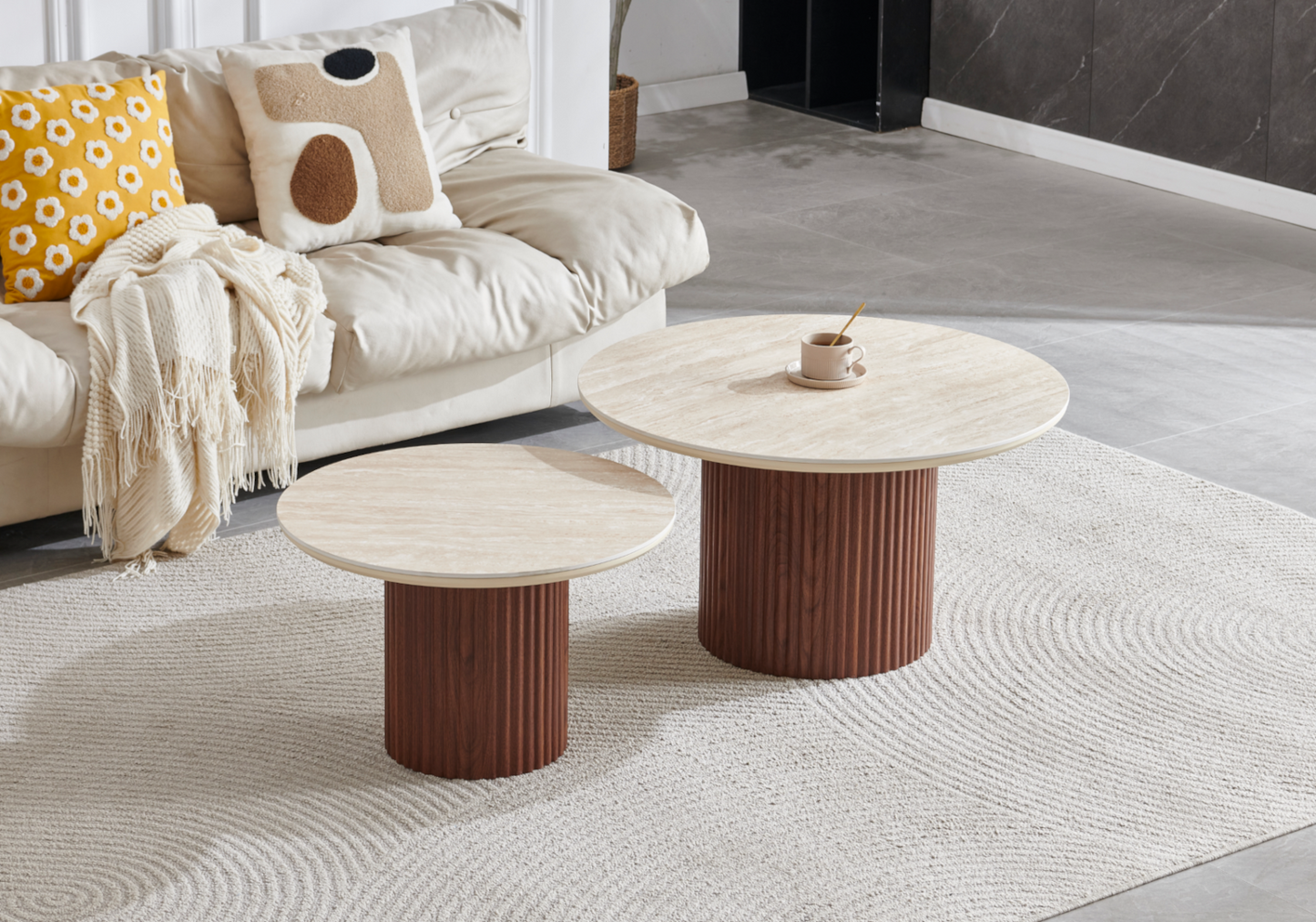 Table basse gigogne travertin noyer cannelée – Terra