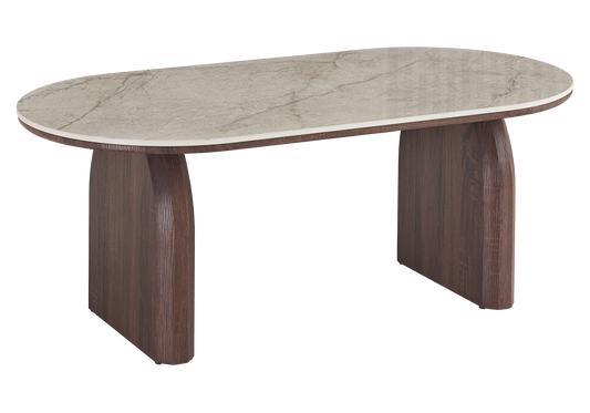 Table basse ovale marbre beige et noyer - Nael