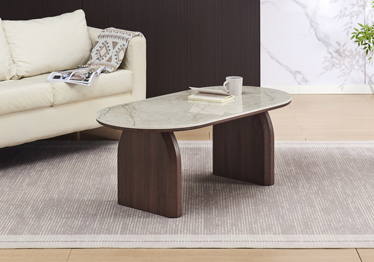 Table basse ovale marbre beige et noyer - Nael