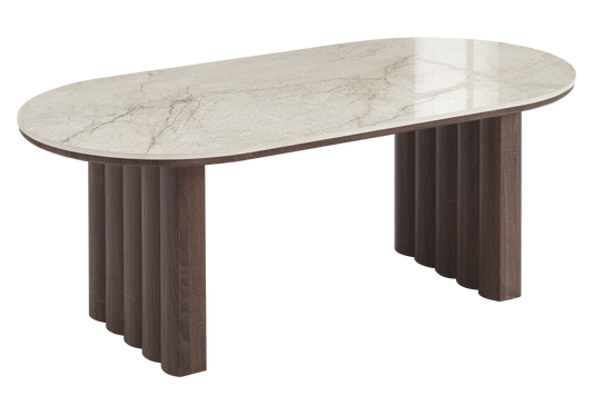 Table basse ovale marbre et noyer cannelé - Sola