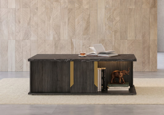 Table basse rectangulaire bois et marbre noir - Orion