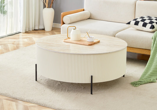 Table basse ronde travertin pied cannelé beige - LIRA
