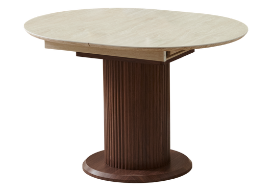 Table à manger extensible ronde travertin noyer - Leon