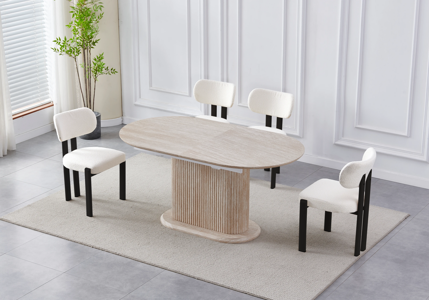 Table extensible travertin et chaises beiges pieds noirs – INAYA