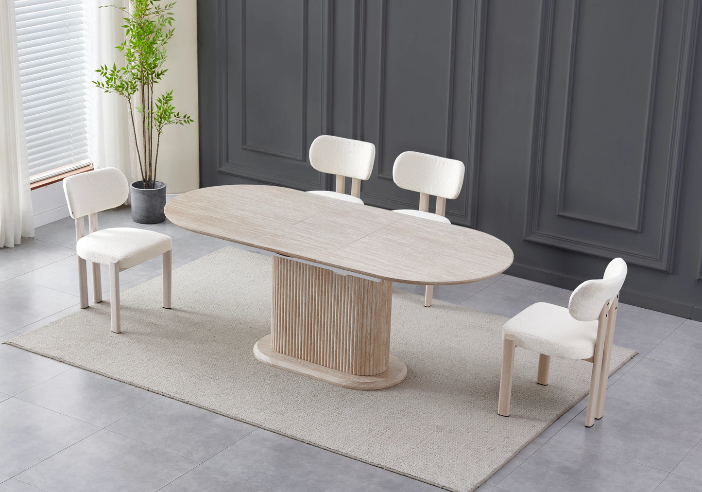 Table extensible travertin et chaises bouclées beiges – INAYA
