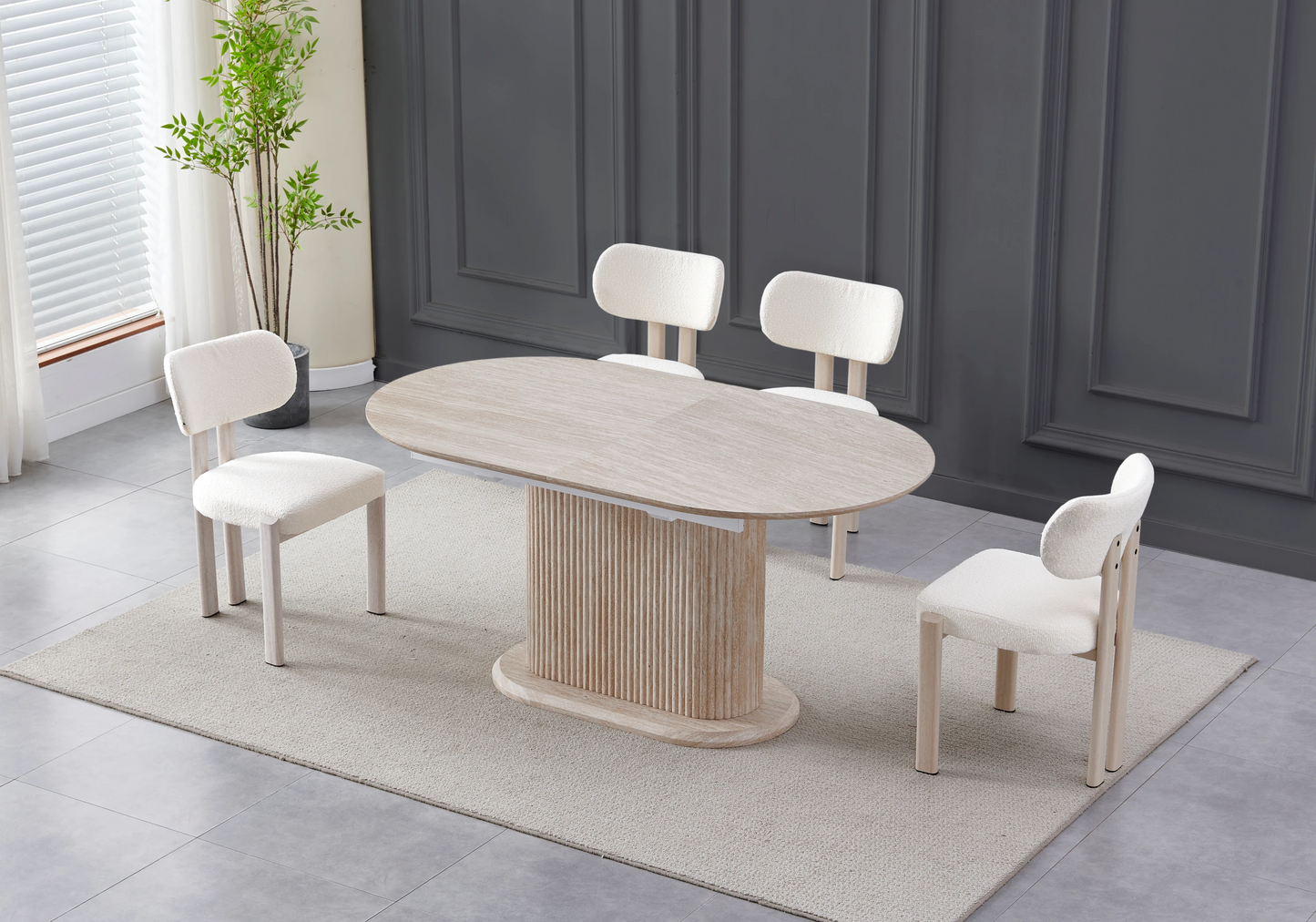 Table extensible travertin et chaises bouclées beiges – INAYA