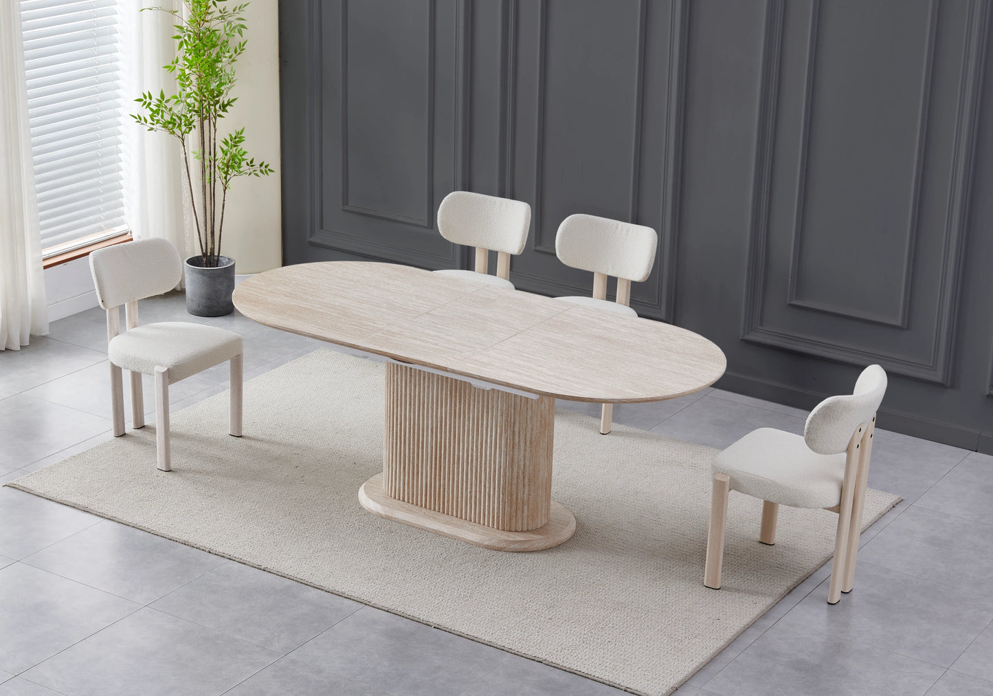 Table extensible travertin et chaises bouclées taupe – INAYA