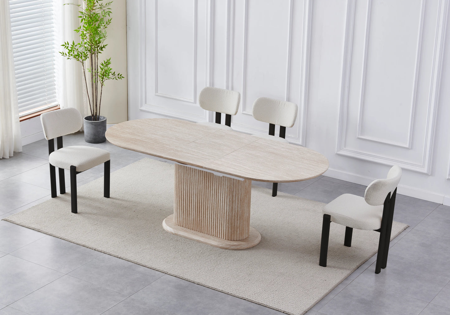 Table extensible travertin et chaises taupe pieds noirs – INAYA