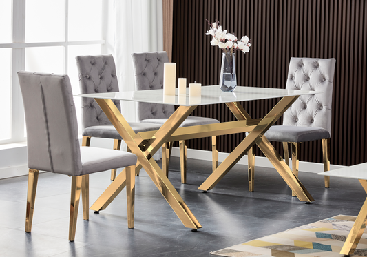 Table marbre blanc et 4 chaises X dorées – Cross
