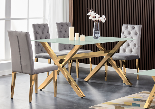 Table verre trempé et 4 chaises X dorées – Cross