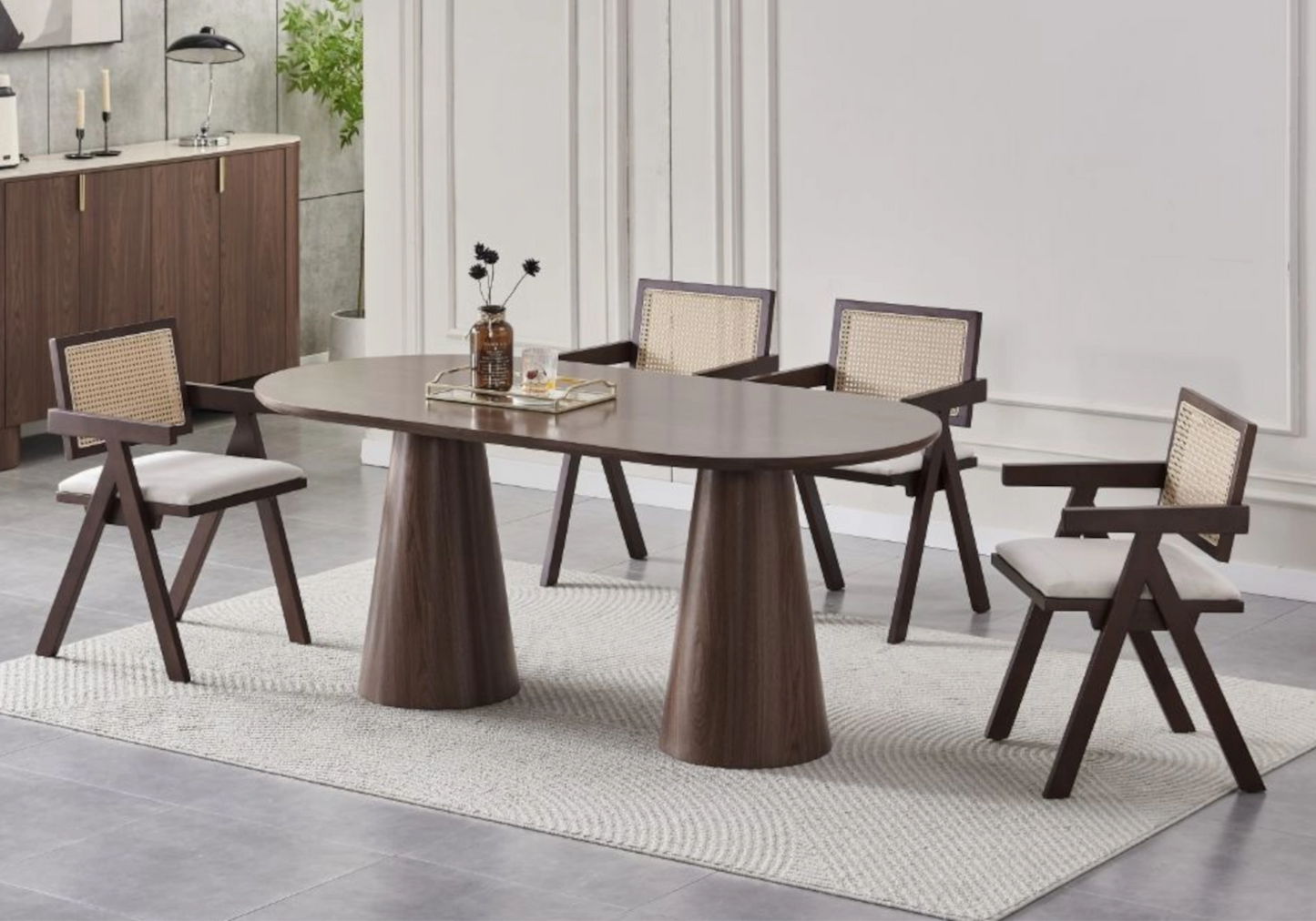 Ensemble table et chaises noyer cannage - MONZA