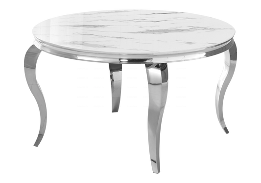 Table à manger ronde marbre blanc pieds argent – Neo