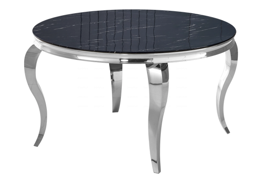 Table à manger ronde marbre noir pieds argentés – NEO