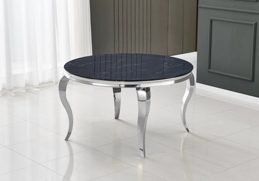 Table à manger ronde marbre noir pieds argentés – NEO