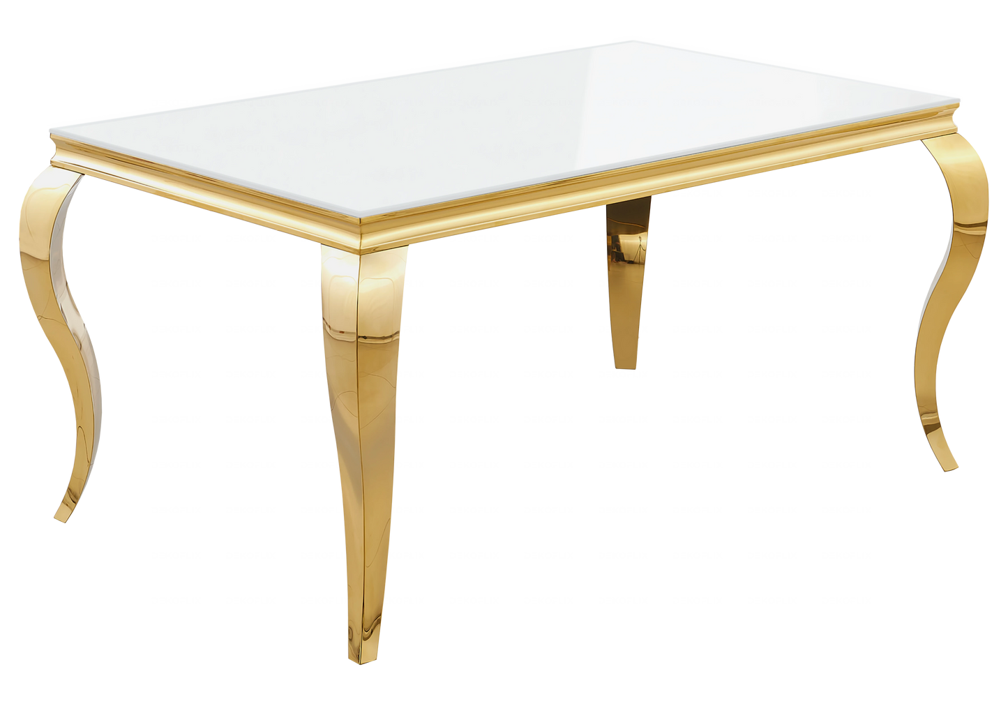 Table verre blanc et chaises simili-cuir noir doré – NEO