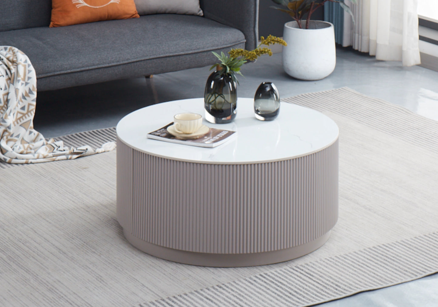 Table basse ronde marbre blanc bois avec tiroirs - LUCIA