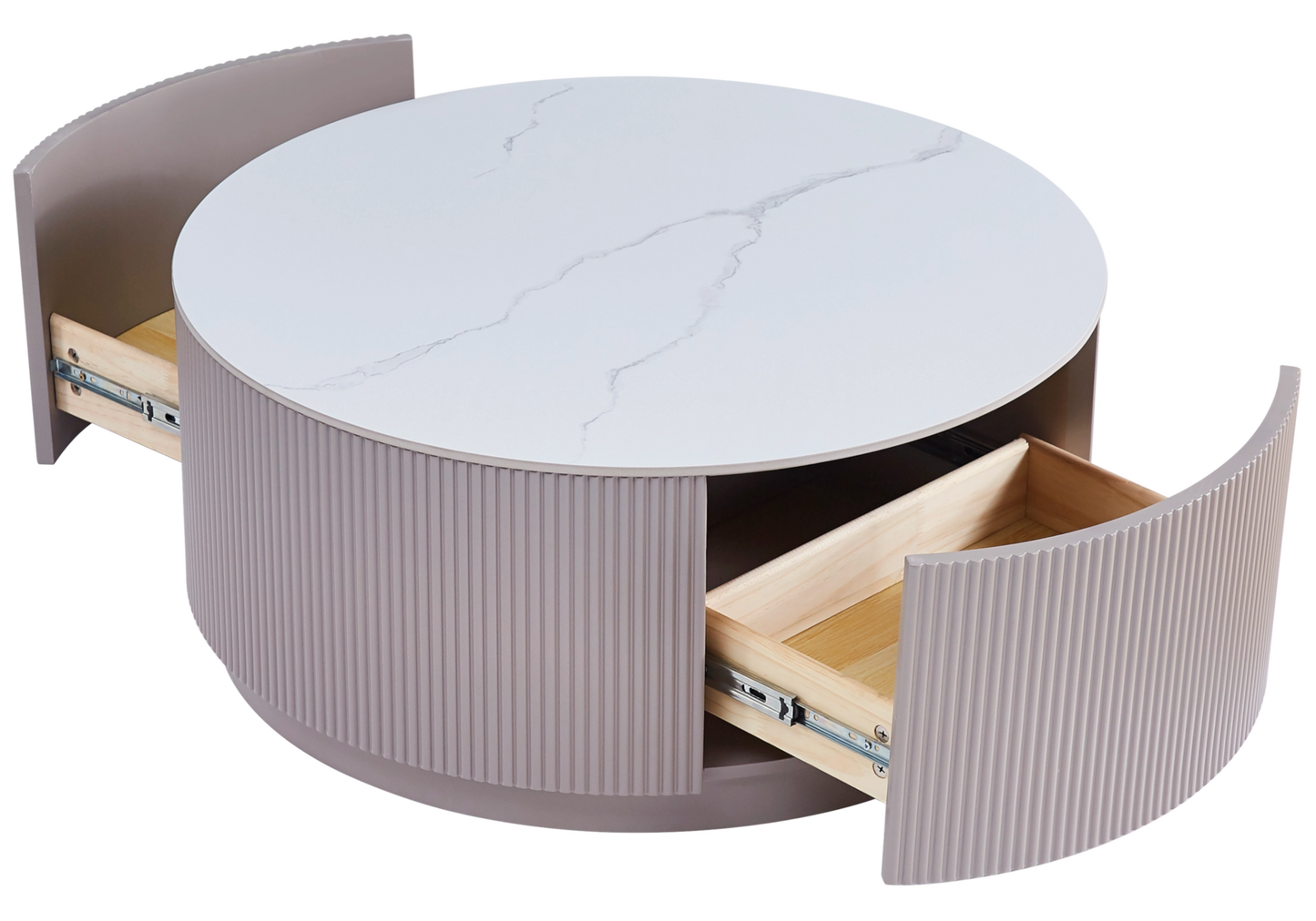 Table basse ronde marbre blanc bois avec tiroirs - LUCIA