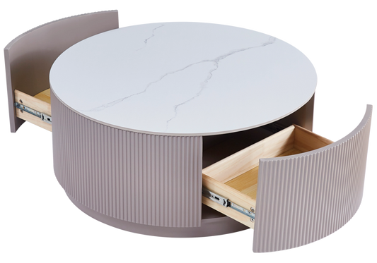Table basse ronde marbre blanc bois avec tiroirs - LUCIA