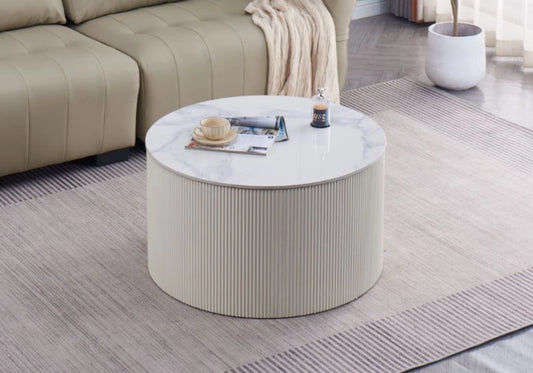 Table basse ronde marbre blanc cannelée beige - ARIEL