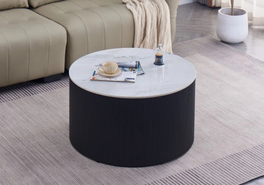 Table basse ronde marbre blanc cannelée noir - ARIEL
