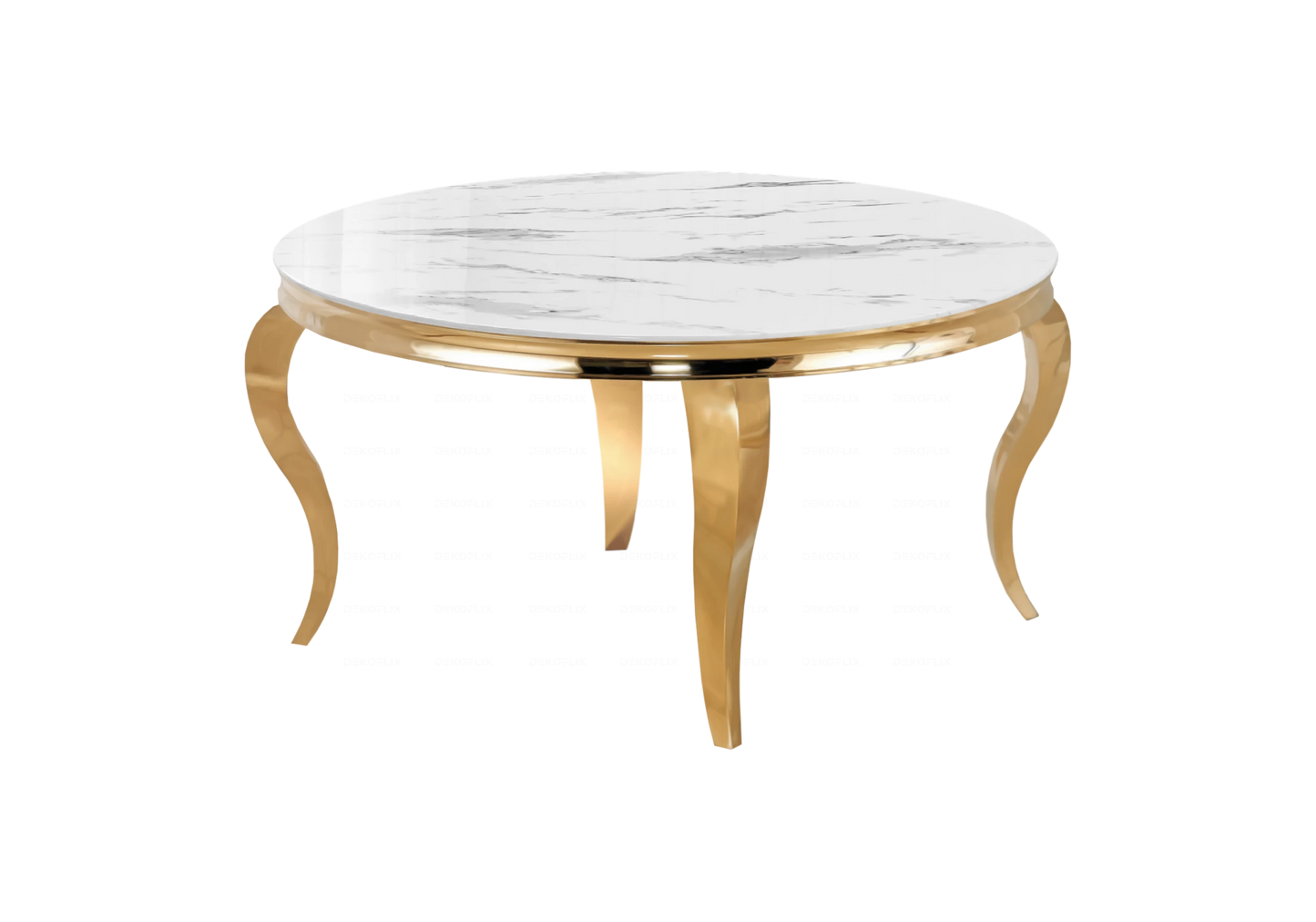 Table ronde marbre blanc et chaises écru dorée – NEO