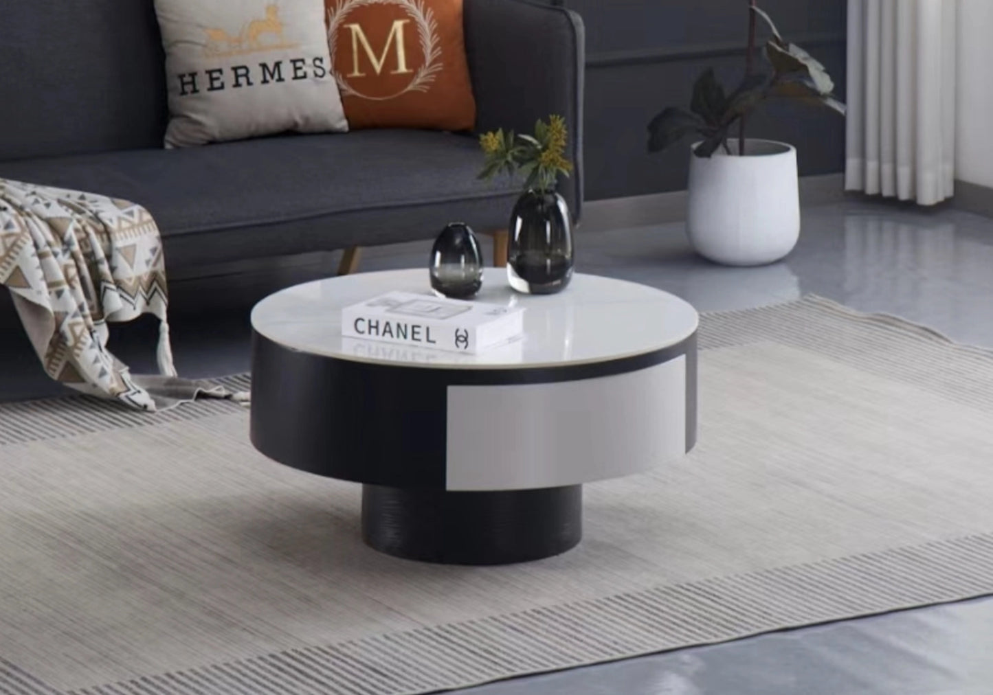 Table basse ronde noir blanc effet marbre - ARIA