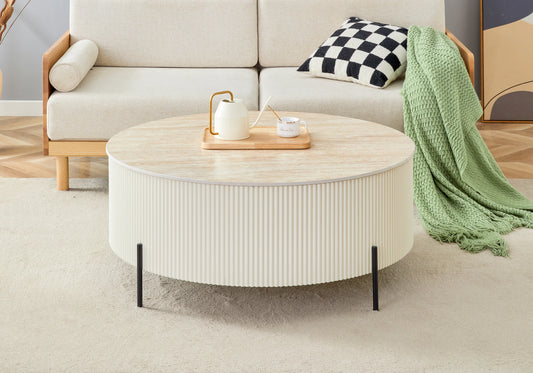 Table basse ronde travertin pied cannelé beige - LIRA