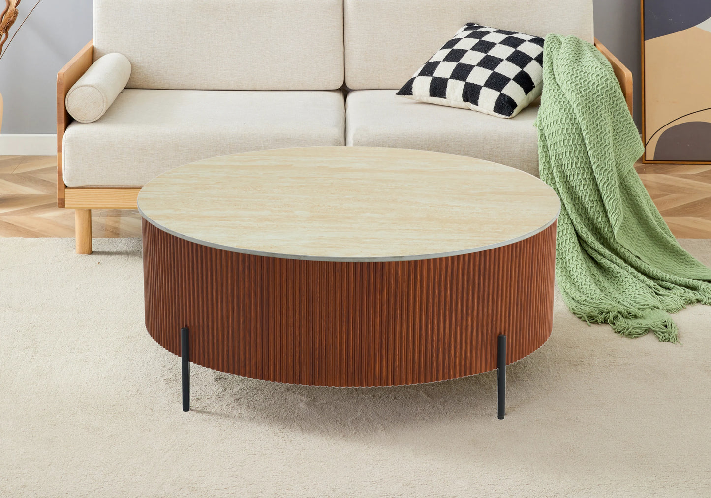 Table basse ronde travertin pied bois - LIRA