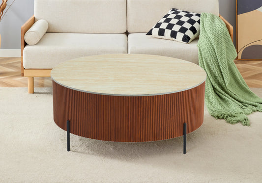 Table basse ronde travertin pied bois - LIRA