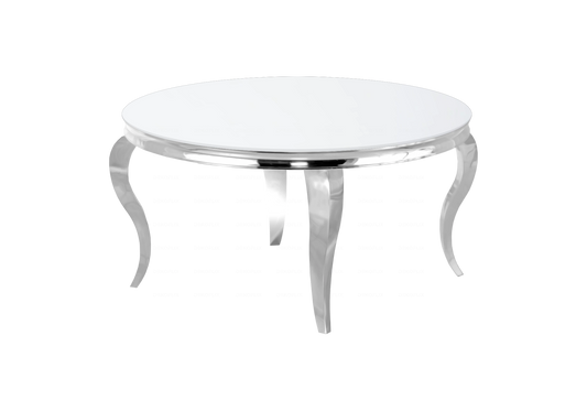 Table basse ronde verre blanc pieds argentés – NEO