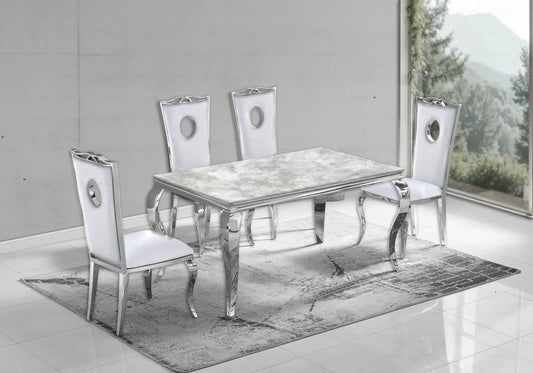 Table marbre beige et chaises simili-cuir blanc argent – NEO