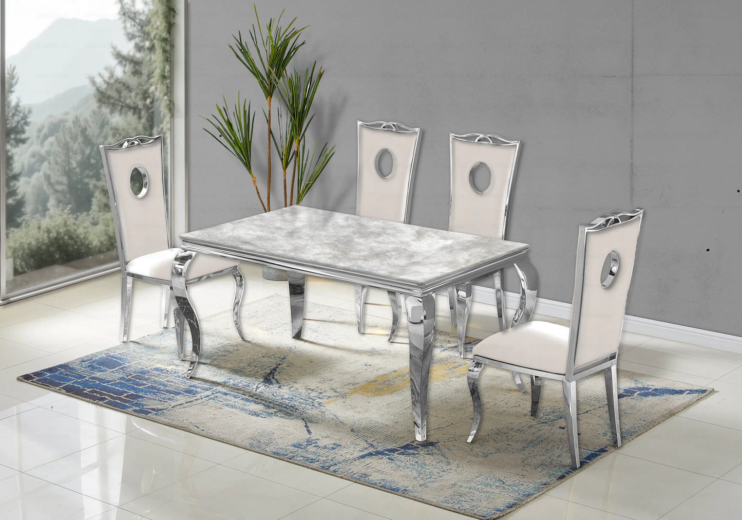 Ensemble table marbre beige et 4 chaises argent – Neo