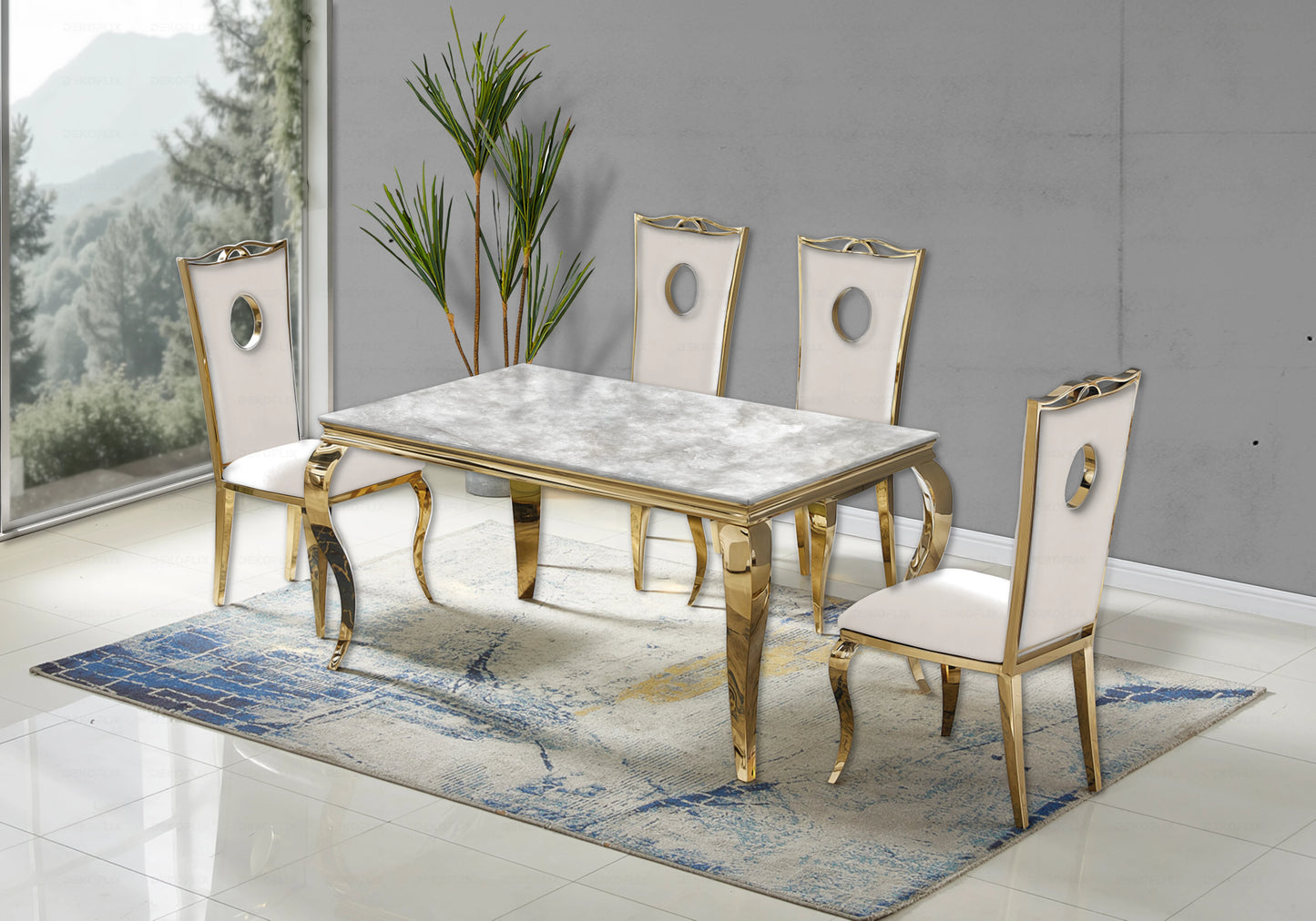 Ensemble table marbre beige et 4 chaises or – Neo