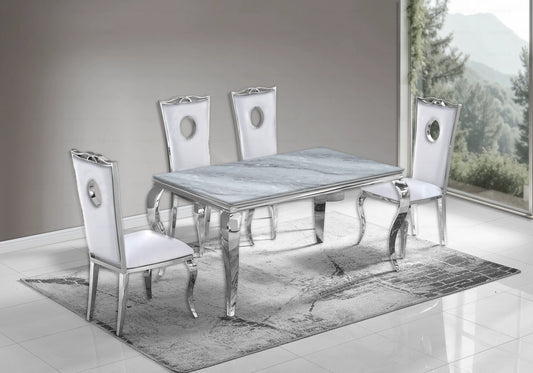 Table marbre gris et chaises simili-cuir blanc argent – NEO