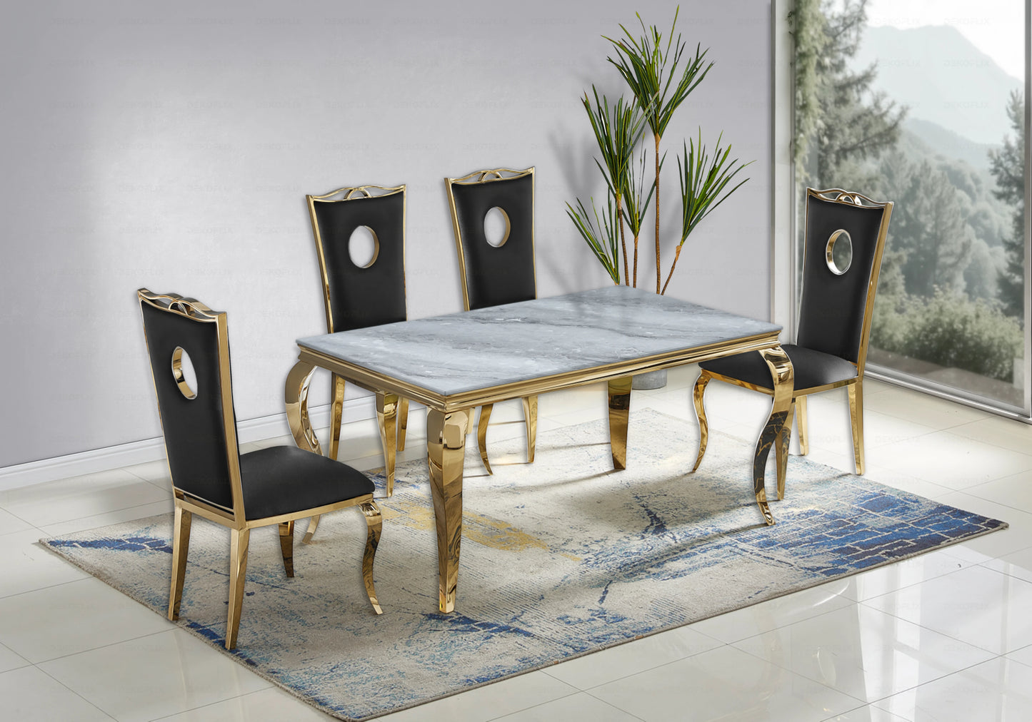 Table marbre gris et chaises simili-cuir noir doré – NEO